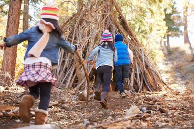 Kinder spielen im Wald.